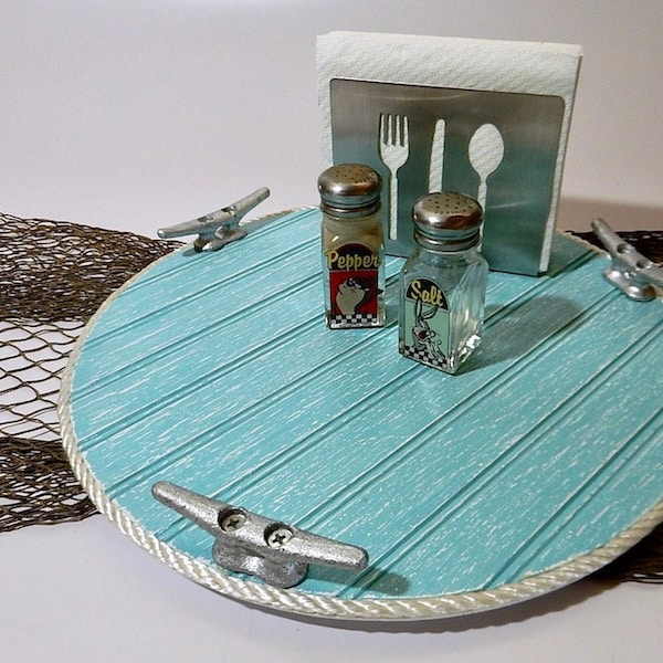 Wood Lazy Susan - Turntable Food Tray - Nautical Kitchen Decor - Galvanized Boat Cleats - Beach Cottage Housewares - Seaside Marine Rope