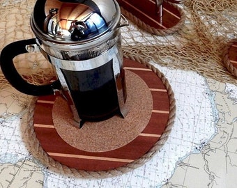 Nautical Trivet - IN STOCK Ready to SHIP - Rope Hot Pad Wood Trivet - Wooden Boat Kitchen Decor - Boating Gift - Lakeside Home Holiday Gift