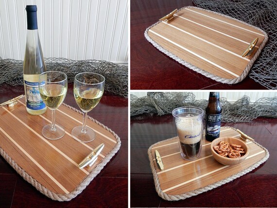 Wooden Beadboard Cleat Handle Breakfast Food Drink Serving Tray Nautical Decor Wooden Beadboard Cleat Handle Breakfast Food Drink Serving Tray Nautical Decor