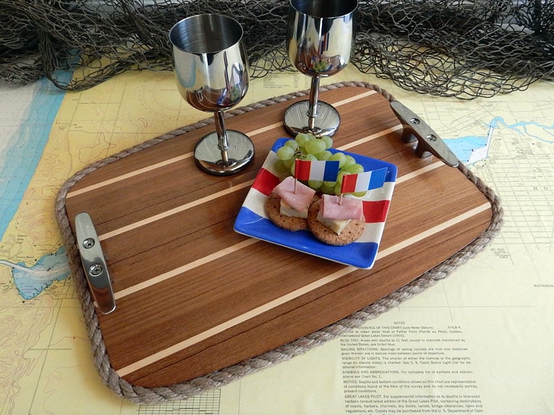 Wooden Beadboard Cleat Handle Breakfast Food Drink Serving Tray Nautical Decor Wooden Beadboard Cleat Handle Breakfast Food Drink Serving Tray Nautical Decor