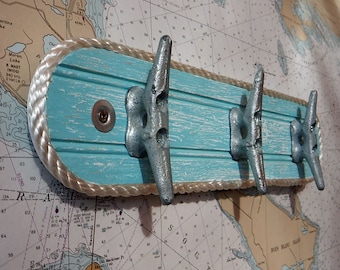 Wall Hook Rack - Galvanized Boat Cleats - 3 Hook Beach Towel Rack - Coat Hooks - Nautical Seaside Ocean Chic Caribbean Decor - Marine Rope