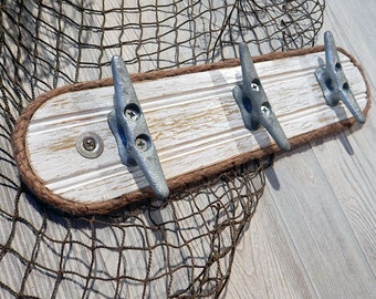 Wall Hook Rack - Galvanized Boat Cleats - Beach Towel Hook - Coat Hooks - Nautical Seaside Ocean Chic Decor - Weathered Wood - Jute Rope