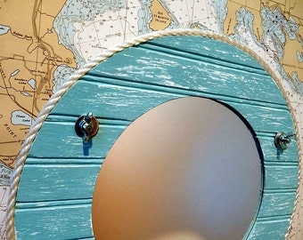 Wall Mirror - Vanity Mirror - Beach Cottage Mirror - Nautical Wall Hanging Rustic Home Decor - Caribbean Weathered Seaside - Jewelry Holder