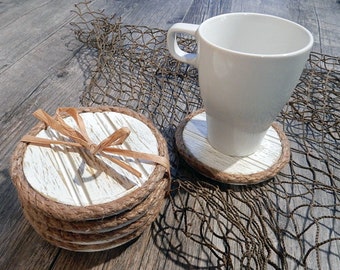 Cup Coasters - Round Table Drink Coasters - Weathered White Wooden Kitchen Decor - Nautical Rustic Cottage Beach House Chic - Jute Rope