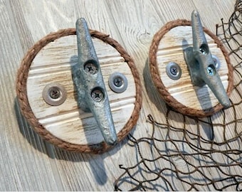 Nautical Cleat Wall Hook - Galvanized Boat Dock Cleat - Beach Decor - Coat Towel Rack - Seaside Cottage Home - Rustic Weathered - Jute Rope