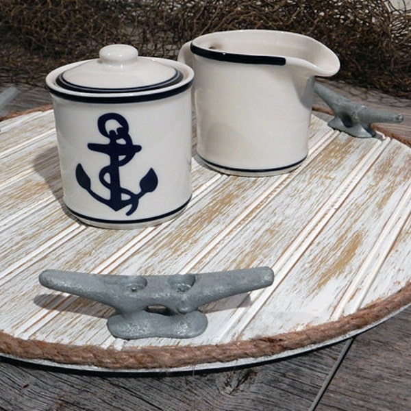 Wood Lazy Susan - Turntable Food Tray - Nautical Kitchen Decor - Galvanized Boat Cleats - Beach Cottage Housewares - Seaside Marine Rope