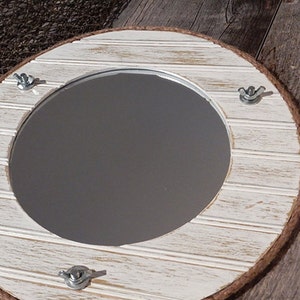 Nautical Mirror - Hanging Beach Mirror, Vanity Bathroom Wall Mirror - Round Tack Cork Board - Rustic Weathered Wood Seaside, Jewelry Holder