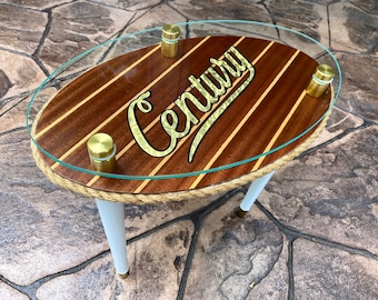 Century Boat Table: Teak & Holly Cabin Sole, Brass Trim