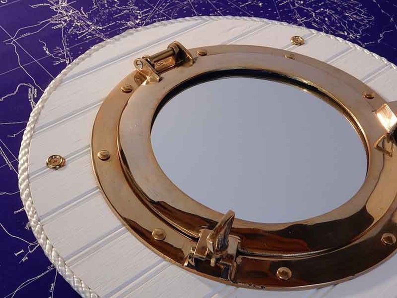 Brass Ship Porthole Wall Mirror Nautical Vintage Decor Seaside Beach Beadboard Cottage Sea Captain Port Hole Marine Boat Rope