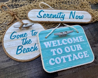 Nautical Beach Sign: Weathered Cottage Decor with Boat Cleat