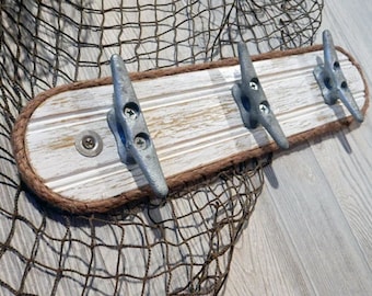Nautical Coat Rack: Weathered Wood, Galvanized Boat Cleats & Jute Rope