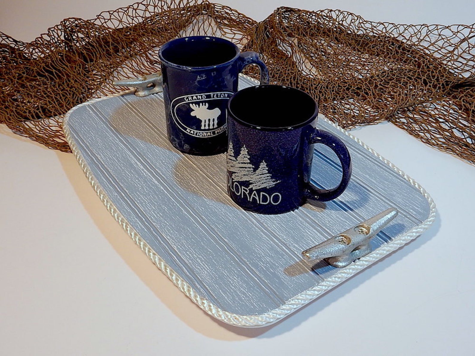 Wood Serving Tray Beverage Tray Galvanized Boat Cleat Etsy