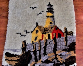 Vintage Hand Hooked Rug - Lighthouse - 27" x 35" Nautical Ocean Wall Art