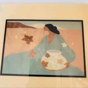 May include: A painting of a woman in a blue dress holding a white ceramic pot with floral designs. The background is a soft pink and peach color with a mountain range in the distance.