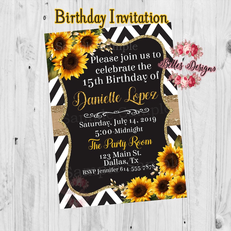 15th Birthday Invitations Sunflower Sweet 16 Party Etsy