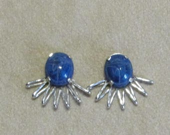 RARE Genuine Lapis scarab Sterling Silver starburst earrings with a post