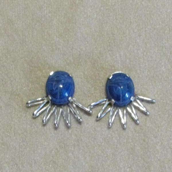 RARE Genuine Lapis scarab Sterling Silver starburst earrings with a post