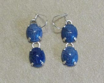 RARE lapis sterling silver genuine stone scarab double drop EARRINGS
