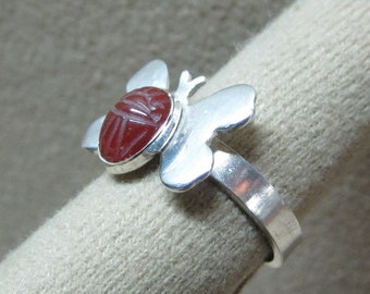 Carnelian sterling silver genuine stone scarab BUTTERFLY  Ring