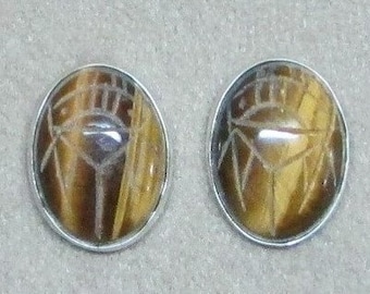 Large Tiger's eye sterling silver genuine stone scarab post EARRINGS