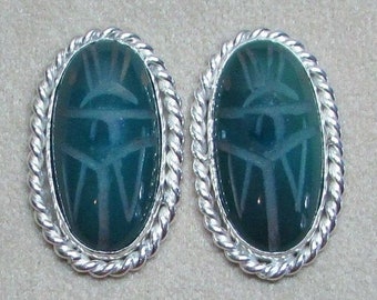 Large Crysoprase sterling silver genuine stone scarab post EARRINGS