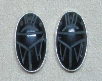 Large Black Onyx sterling silver genuine stone scarab post EARRINGS