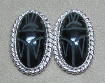 Large Black Onyx sterling silver genuine stone scarab post EARRINGS