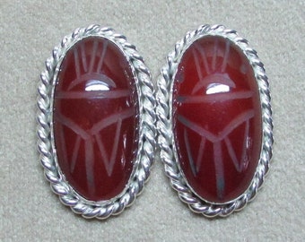 Large Carnelian sterling silver genuine stone scarab post EARRINGS