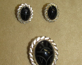 Black Onyx genuine scarab Sterling Silver pin and earring set