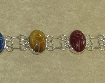 Extra Large Genuine Stone multi-color sterling silver scarab bracelet