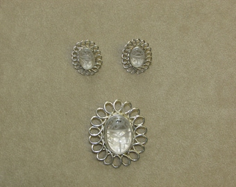 Clear Quartz genuine scarab Sterling Silver pin and earring set