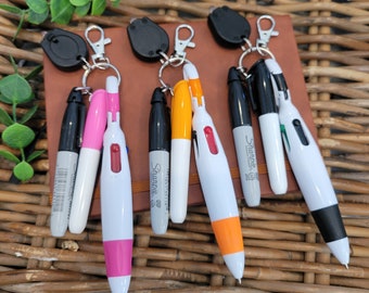 Mini 4 Color Ink Pen Dry Erase and Permanent Marker Badge Reel Clip On Pen Set, Pen Set With Clip,  Teacher or Nurse Badge Reel Accessories