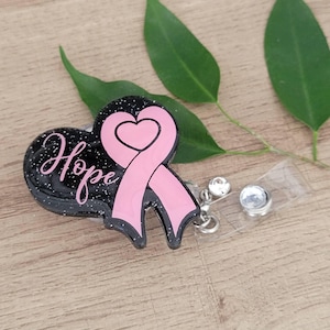 Hope Ribbon Breast Cancer Awareness Acrylic Badge Reel, Oncology Nurse Gift, Retractable ID Clip,, Cancer Survivor Badge Reel
