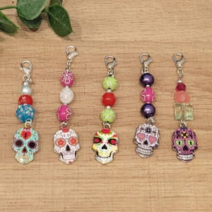 Sugar Skull Charm, Badge Reel Charm, Interchangeable Bead Charm, Badge Reel Dangle, ID Holder Beads, Bead Stitch Marker, Clip On Charm