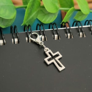 Silver Cross Charm, Badge Reel Charm, Clip On Pendant, Cross Bead Dangle, Interchangeable ID Holder, Crochet Stitch Marker Accessory