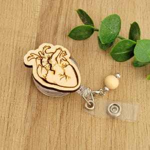 Human Heart Badge Reel: Laser Cut Wood, Interchangeable Lanyard