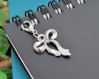 Silver Coquette Bow Charm, Knot Bow Badge Reel Charm, Badge Reel Dangle, Silver Bow Stitch Marker, Bow Clip On Charm, Bow Zipper Pull