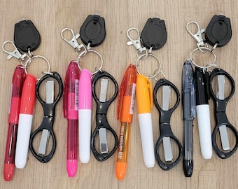 Badge Reel Clip-On Set: Scissors, Ink Pen, Dry Erase Marker - Nurse/Teacher Accessories