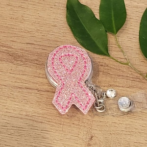 Sparkly Pink Ribbon Breast Cancer Awareness Badge Reel, Oncology Nurse Gift, Retractable ID Clip,, Cancer Survivor Badge Reel