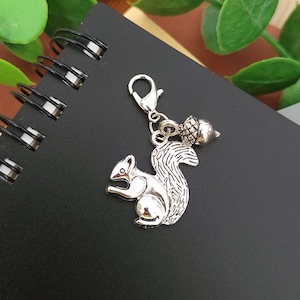Silver Squirrel and Acorn Charm: Badge Reel, Zipper Pull, Stitch Marker