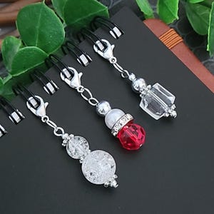 Red White and Crystal Badge Reel or Phone Charm, Bead Charm, Badge Reel Dangle, ID Holder Beads, Bead Stitch Marker, Clip On Charm