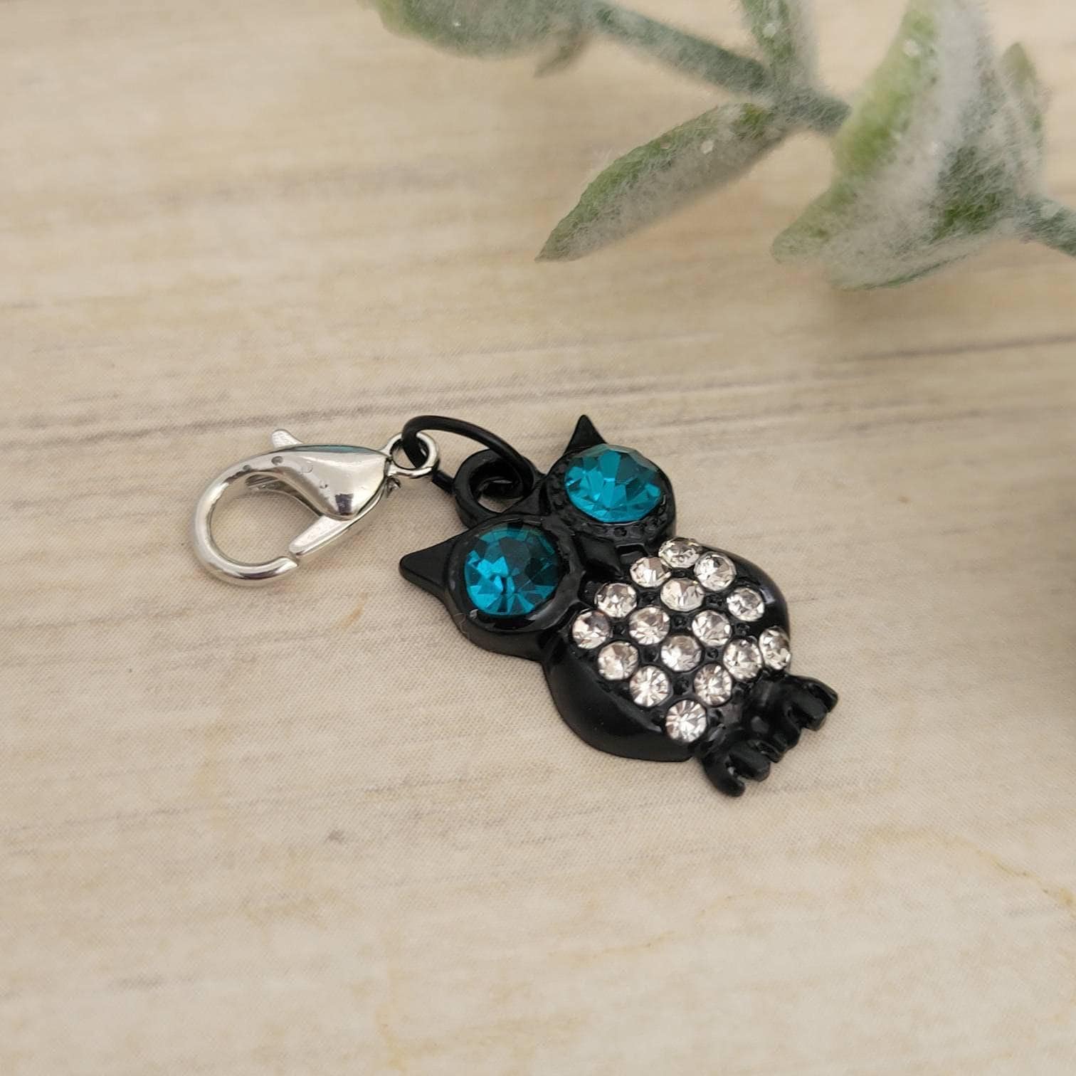 Silver Owl Charm: Turquoise & Rhinestone Badge Reel Dangle