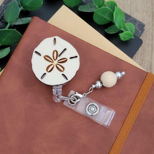 Sand Dollar Badge Reel: Laser Engraved Wooden Retractable ID Holder