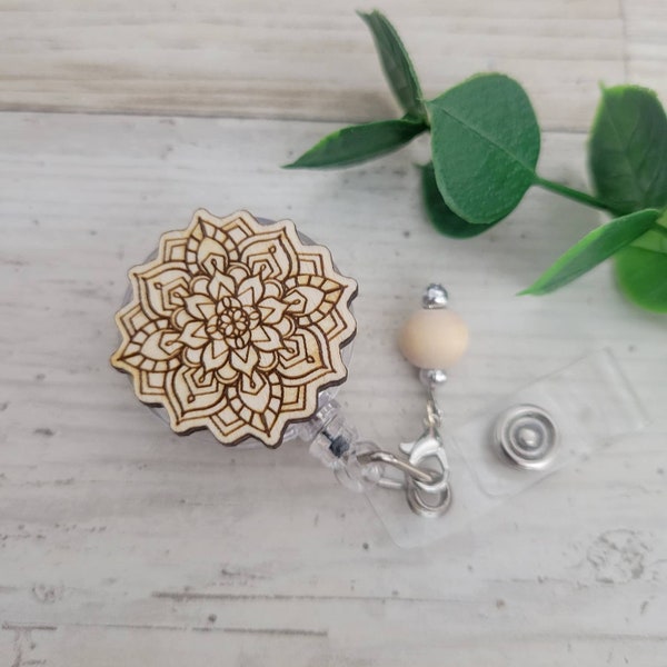 Mandala Badge Reel, Wooden Badge Reel, Laser Cut Badge Reel, Retractable Medical ID Holder, Mandala Wooden Badge Reel