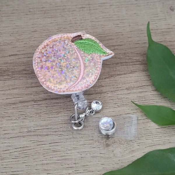 Juicy Sparkle Hologram Peach Badge Reel or Lanyard, Peach Bookmark or Teacher Planner Clip, Peach Medical Lanyard or Key Card Holder