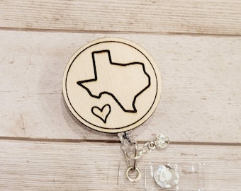 Texas Wood Badge Reel: Laser Cut Lone Star Design Retractable Clip