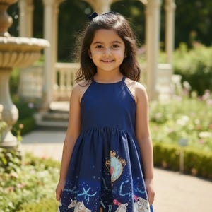 May include: A young girl wearing a navy blue halter dress with a whimsical carousel design. The dress features a fitted bodice and a flared skirt with a print of white horses, a carriage, and celestial elements. The background includes a fountain and a gazebo.