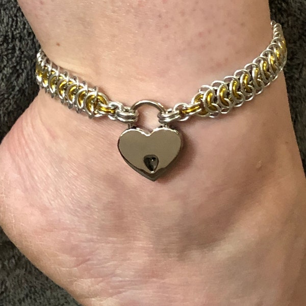 Stainless Steel with Accent Colors Locking Anklet Vertebrae Style, Discreet Ankle Collar, 24 7 Wearable, slave Anklet, Gorean kajira