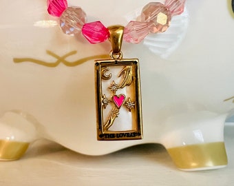Tarot card crystal necklace THE LOVERS pink gold
