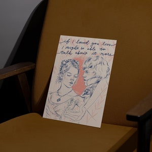 Pode incluir: Uma ilustração azul e branca de um casal com o texto "if I loved you less I might be able to talk about it more". A ilustração está sobre um fundo rosa claro com acentos florais.